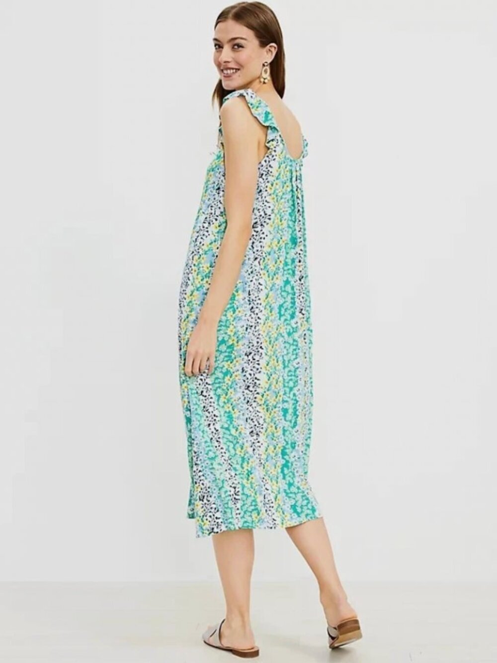 Loft Floral Ruffle Strap Midi Dress Size SP Summer Casual Colorful Rayon